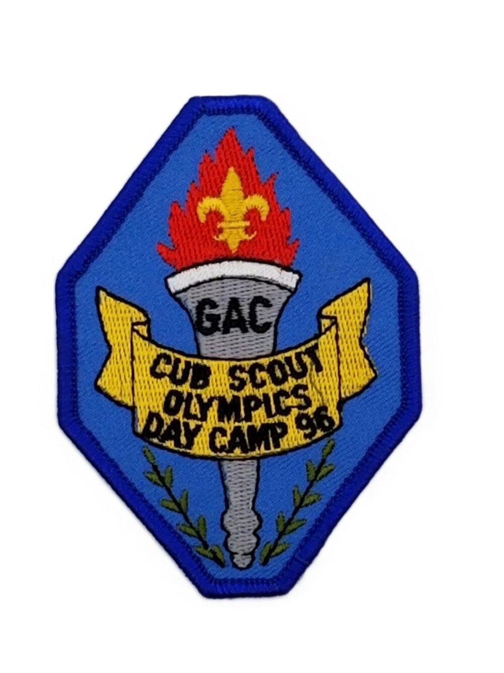 1986 GAC Cub Scout Day Camp BSA Patch Torch Fleur de Lis Blue Vintage